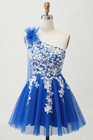 Load image into Gallery viewer, Royal Blue Tulle One Shoulder Short Homecoming Dress with 3D Flower