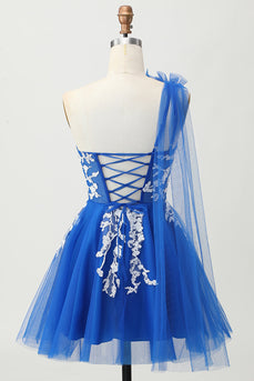 Royal Blue Tulle One Shoulder Short Homecoming Dress with 3D Flower