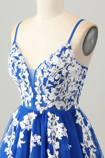 Royal Blue Tulle A Line Short Homecoming Dress with Appliques