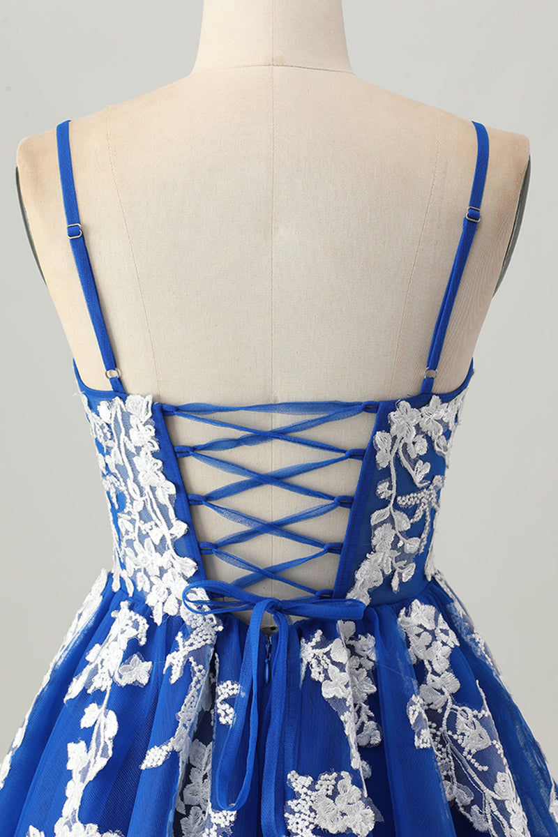 Load image into Gallery viewer, Royal Blue Tulle A Line Short Homecoming Dress with Appliques