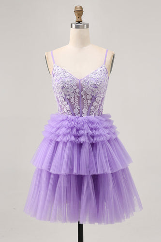 Sparkly Lavender Floral Corset Short Homecoming Dress with Ruffles