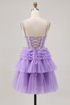 Sparkly Lavender Floral Corset Short Homecoming Dress with Ruffles