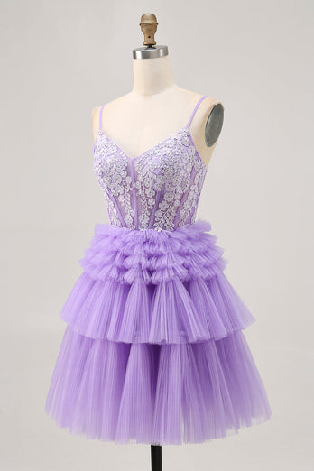 Sparkly Lavender Floral Corset Short Homecoming Dress with Ruffles