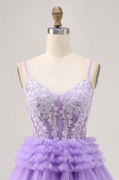 Load image into Gallery viewer, Sparkly Lavender Floral Corset Short Homecoming Dress with Ruffles