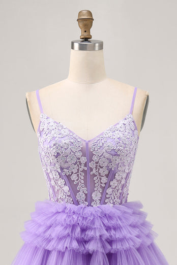 Sparkly Lavender Floral Corset Short Homecoming Dress with Ruffles