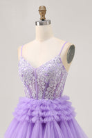 Load image into Gallery viewer, Sparkly Lavender Floral Corset Short Homecoming Dress with Ruffles