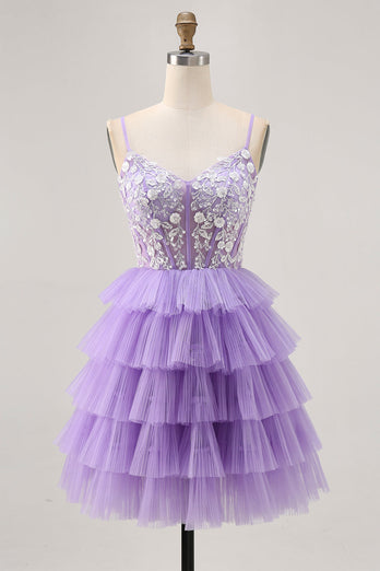Lavender Floral Short Corset Homecoming Dress with Ruffles
