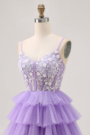 Lavender Floral Short Corset Homecoming Dress with Ruffles