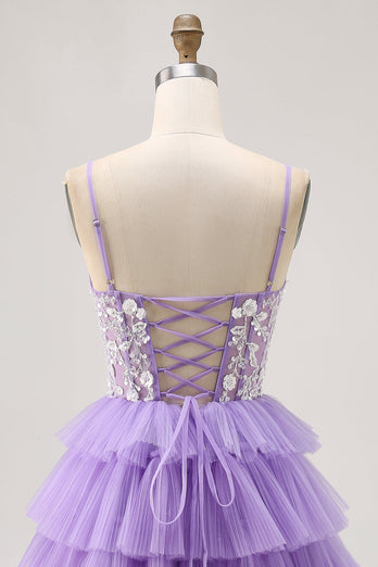 Lavender Floral Short Corset Homecoming Dress with Ruffles