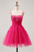 Load image into Gallery viewer, Sparkly Fuchsia A Line Tulle Short Homecoming Dress with Beading