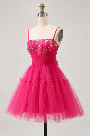 Sparkly Fuchsia A Line Tulle Short Homecoming Dress with Beading
