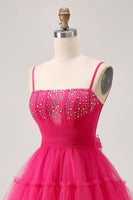 Load image into Gallery viewer, Sparkly Fuchsia A Line Tulle Short Homecoming Dress with Beading