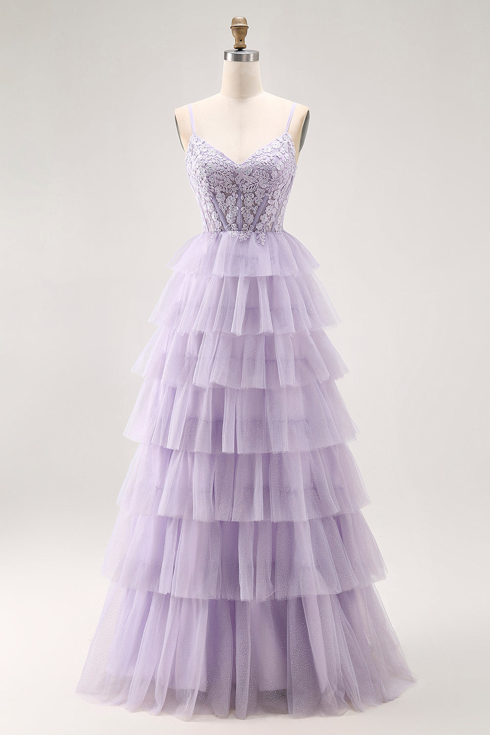 Glitter Lilac A Line Tiered Tulle Long Corset Prom Dress with Lace