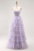 Load image into Gallery viewer, Glitter Lilac A Line Tiered Tulle Long Corset Prom Dress with Lace