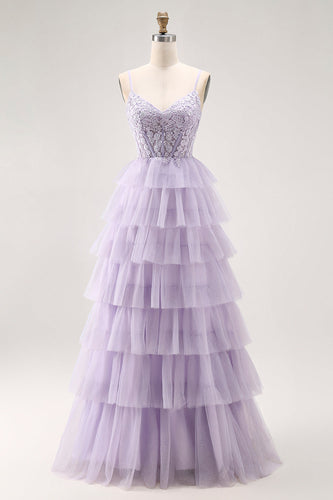 Glitter Lilac A Line Tiered Tulle Long Corset Prom Dress with Lace