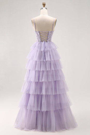 Glitter Lilac A Line Tiered Tulle Long Corset Prom Dress with Lace