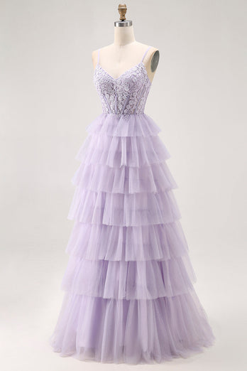 Glitter Lilac A Line Tiered Tulle Long Corset Prom Dress with Lace