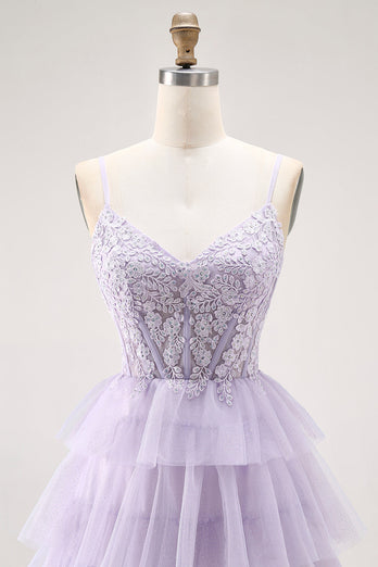 Glitter Lilac A Line Tiered Tulle Long Corset Prom Dress with Lace