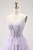 Load image into Gallery viewer, Glitter Lilac A Line Tiered Tulle Long Corset Prom Dress with Lace