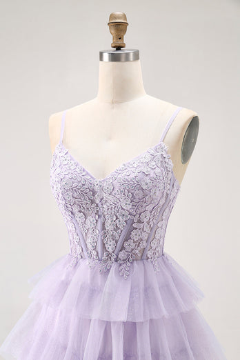 Glitter Lilac A Line Tiered Tulle Long Corset Prom Dress with Lace