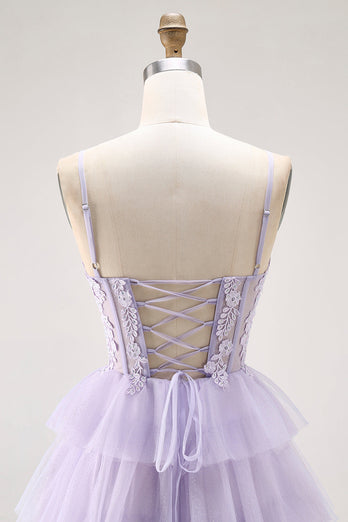 Glitter Lilac A Line Tiered Tulle Long Corset Prom Dress with Lace