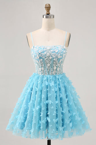 Sparkly Floral Blue A Line Short Corset Homecoming Dress with Sequins
