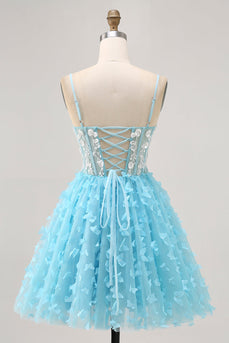 Sparkly Floral Blue A Line Short Corset Homecoming Dress with Sequins