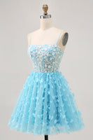 Load image into Gallery viewer, Sparkly Floral Blue A Line Short Corset Homecoming Dress with Sequins