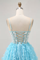 Load image into Gallery viewer, Sparkly Floral Blue A Line Short Corset Homecoming Dress with Sequins