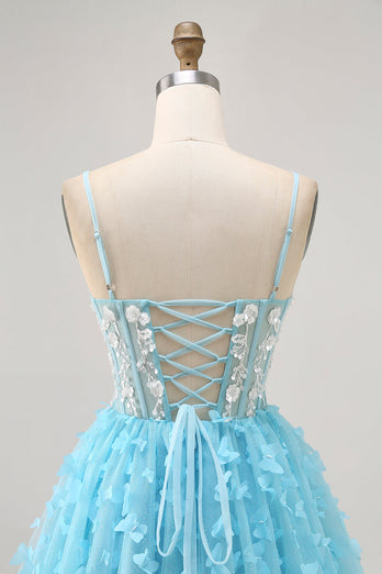 Sparkly Floral Blue A Line Short Corset Homecoming Dress with Sequins