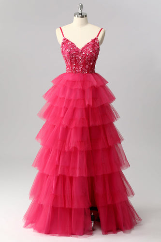 Sparkly Fuchsia Tulle A-Line Tiered Spaghetti Straps Long Corset Prom Dress with Sequins