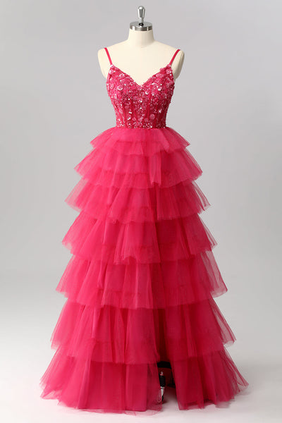 Sparkly Fuchsia Tulle A-Line Tiered Spaghetti Straps Long Corset Prom Dress with Sequins