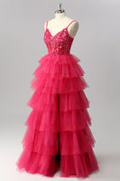 Load image into Gallery viewer, Sparkly Fuchsia Tulle A-Line Tiered Spaghetti Straps Long Corset Prom Dress with Sequins