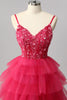 Load image into Gallery viewer, Sparkly Fuchsia Tulle A-Line Tiered Spaghetti Straps Long Corset Prom Dress with Sequins