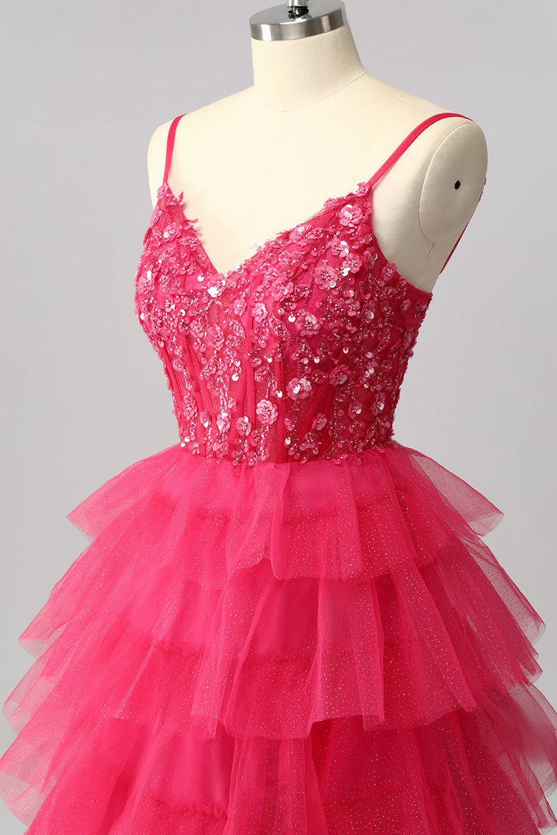 Load image into Gallery viewer, Sparkly Fuchsia Tulle A-Line Tiered Spaghetti Straps Long Corset Prom Dress with Sequins
