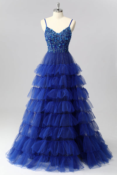 Sparkly Royal Blue Tulle A-Line Tiered Long Corset Prom Dress with Sequins