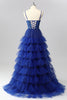 Load image into Gallery viewer, Sparkly Royal Blue Tulle A-Line Tiered Long Corset Prom Dress with Sequins