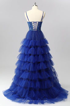Sparkly Royal Blue Tulle A-Line Tiered Long Corset Prom Dress with Sequins