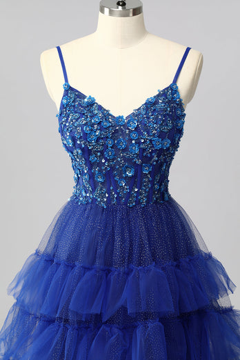 Sparkly Royal Blue Tulle A-Line Tiered Long Corset Prom Dress with Sequins
