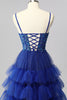 Load image into Gallery viewer, Sparkly Royal Blue Tulle A-Line Tiered Long Corset Prom Dress with Sequins