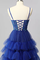 Load image into Gallery viewer, Sparkly Royal Blue Tulle A-Line Tiered Long Corset Prom Dress with Sequins