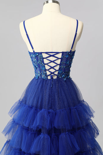 Sparkly Royal Blue Tulle A-Line Tiered Long Corset Prom Dress with Sequins