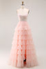 Load image into Gallery viewer, Sparkly Floral Blush Tulle A-Line Ruffled Long Prom Dress with Sequins