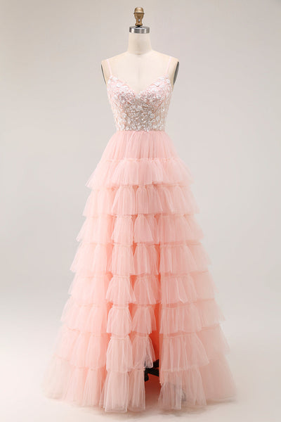Sparkly Floral Blush Tulle A-Line Ruffled Long Prom Dress with Sequins