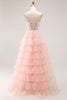 Load image into Gallery viewer, Sparkly Floral Blush Tulle A-Line Ruffled Long Prom Dress with Sequins