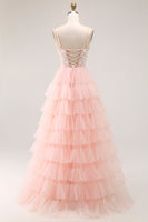 Load image into Gallery viewer, Sparkly Blush Tulle A-Line Tiered Long Floral Prom Dress with Sequins