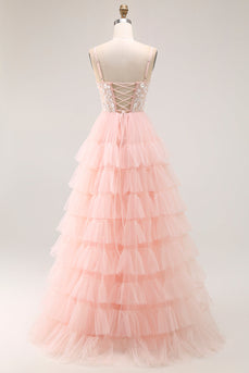 Sparkly Floral Blush Tulle A-Line Ruffled Long Prom Dress with Sequins