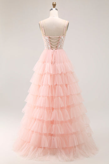 Sparkly Floral Blush Tulle A-Line Ruffled Long Prom Dress with Sequins