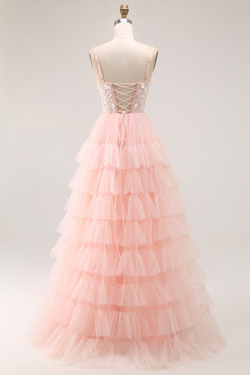 Load image into Gallery viewer, Sparkly Floral Blush Tulle A-Line Ruffled Long Prom Dress with Sequins