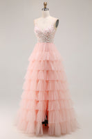 Load image into Gallery viewer, Sparkly Blush Tulle A-Line Tiered Long Floral Prom Dress with Sequins